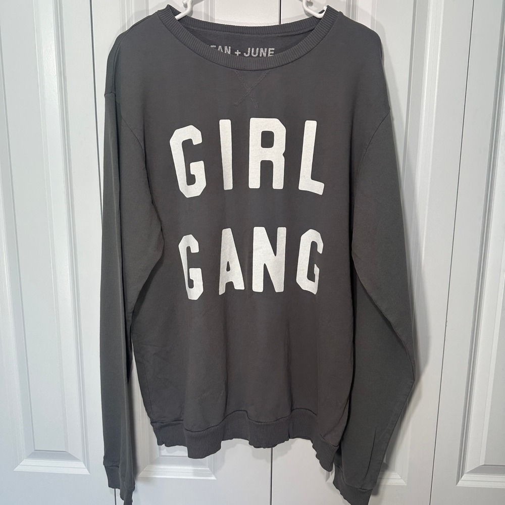 Jean + June Sweatshirt Womens Large Gray Girl Gang Graphic Pullover Cotton